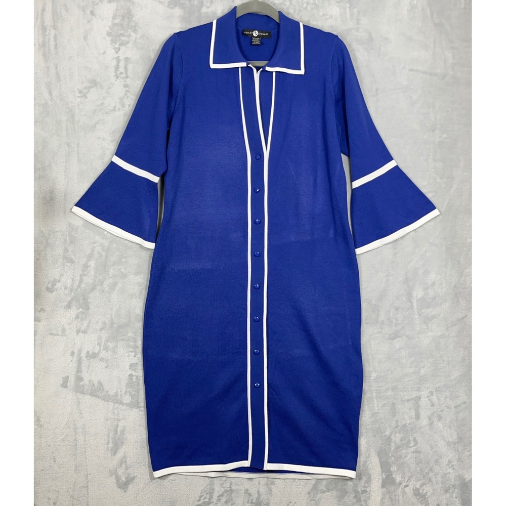 Ashley Stewart Womens Dress 14/16W Blue Bell Sleeve Button Front Mod Retro Knit